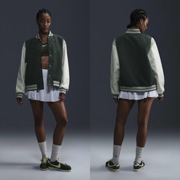 Nike Sportswear Destroyer Womens XS Jacket Wool Leather Varsity Green FN3672 - Picture 1 of 15